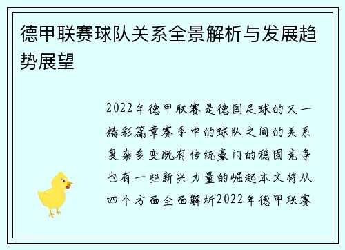 德甲联赛球队关系全景解析与发展趋势展望 德甲联赛球队关系全景解析与发展趋势展望
