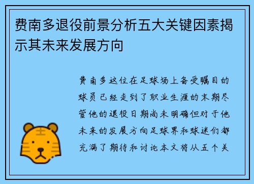 费南多退役前景分析五大关键因素揭示其未来发展方向