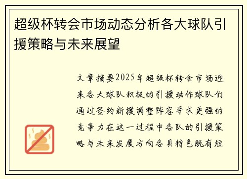 超级杯转会市场动态分析各大球队引援策略与未来展望