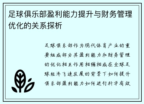 足球俱乐部盈利能力提升与财务管理优化的关系探析 足球俱乐部盈利能力提升与财务管理优化的关系探析